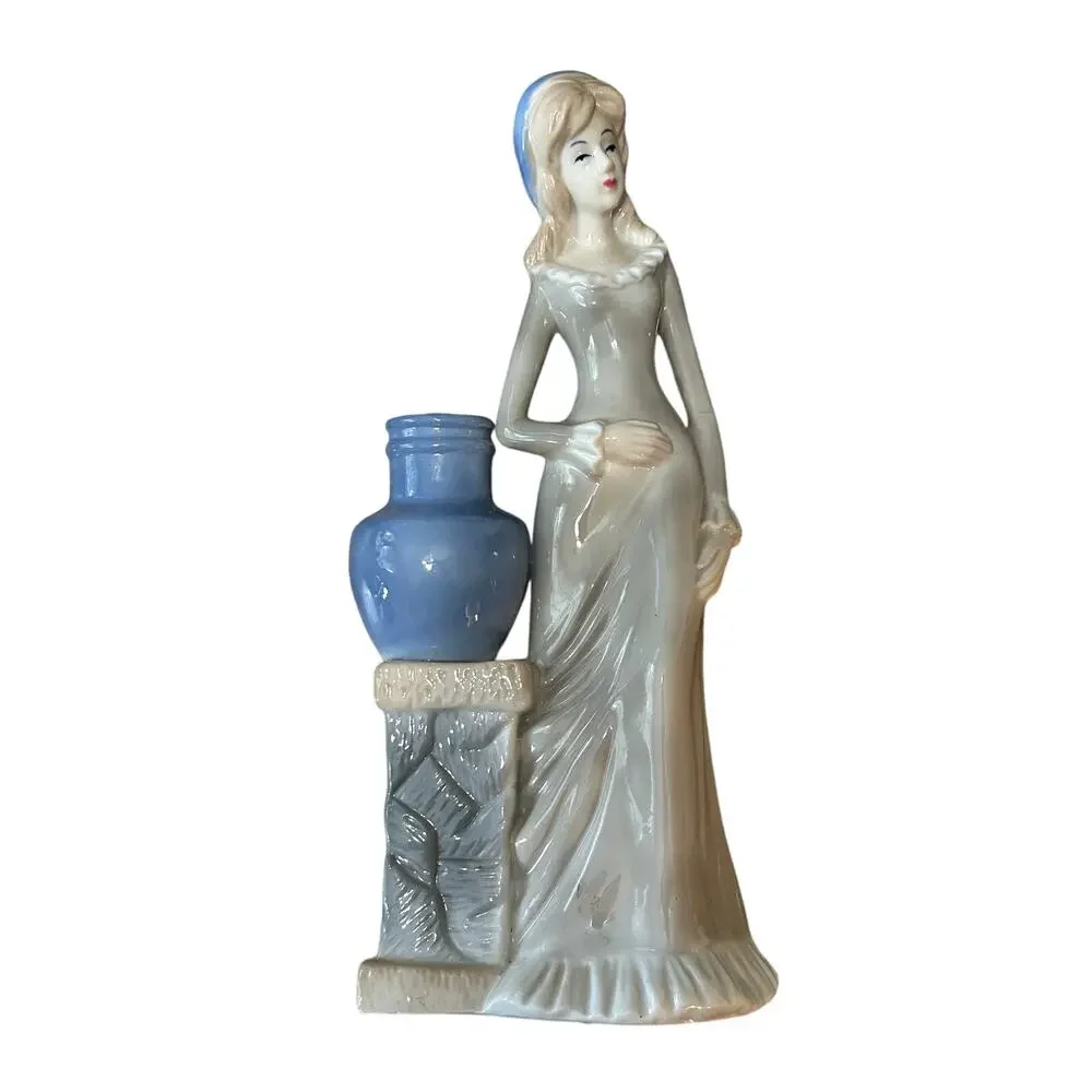 VTG Porcelain Women with small Vase- blue and white- bottom crack bid vase